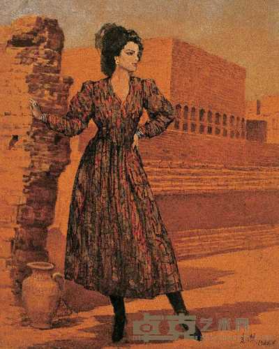 汪志杰 1988年作 古堡前的乌孜别克姑娘 65×53cm